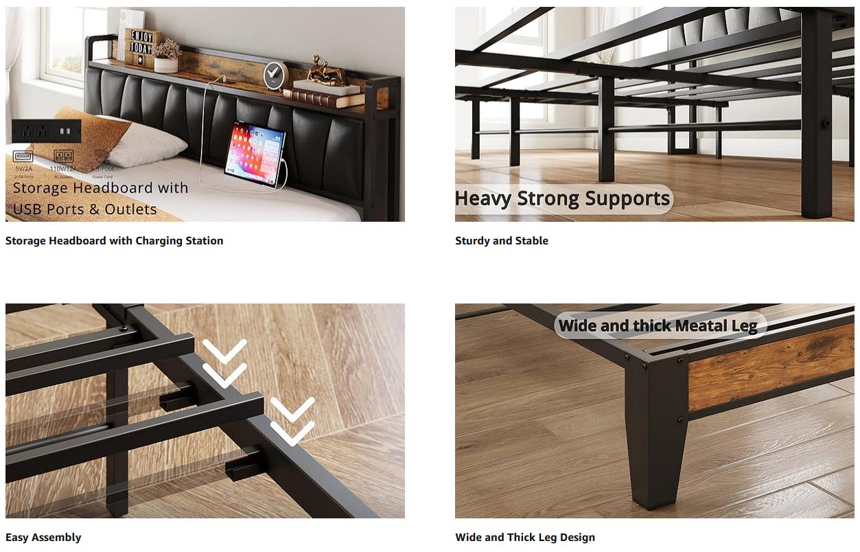 LIKIMIO Bed Frame, Storage Headboard with Charging Station, Solid and Stable, Noise Free, No Box Spring Needed, Easy Assembly
