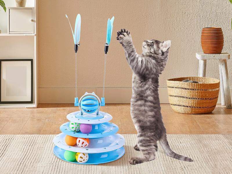 Cat Toys 4-Tier Roller Track,Turntable Cat Tower Toy with Colorful Chase bell Balls,Multi-Level Cat Toys for Bored Cats,Fun Kitten Exercise Toys Self Play