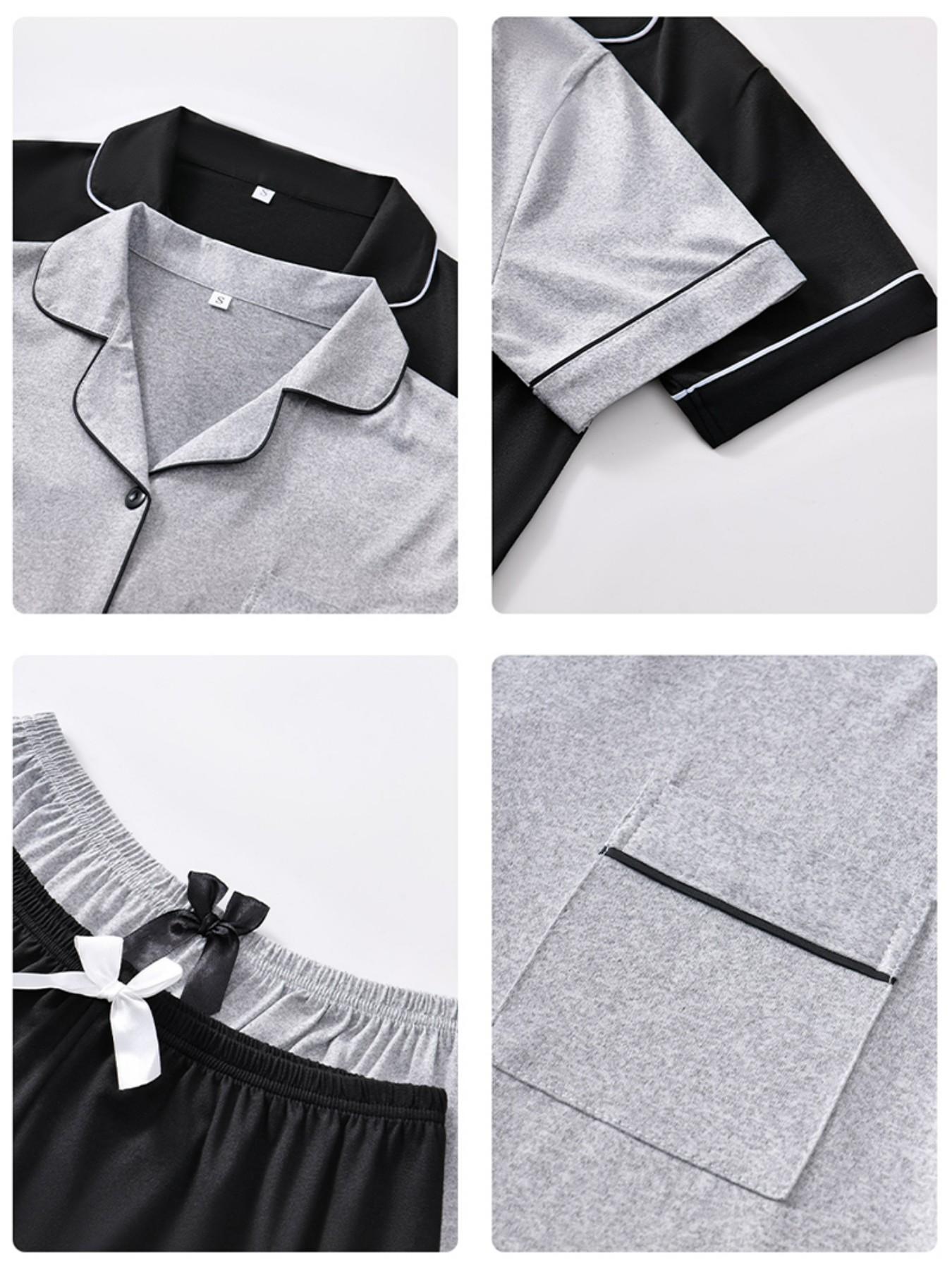 Women's Sleepwear Set Loungewear, Lapel Cardigan & Solid Color Short Sleeve Shorts, Four Seasons Comfortable Home Wear