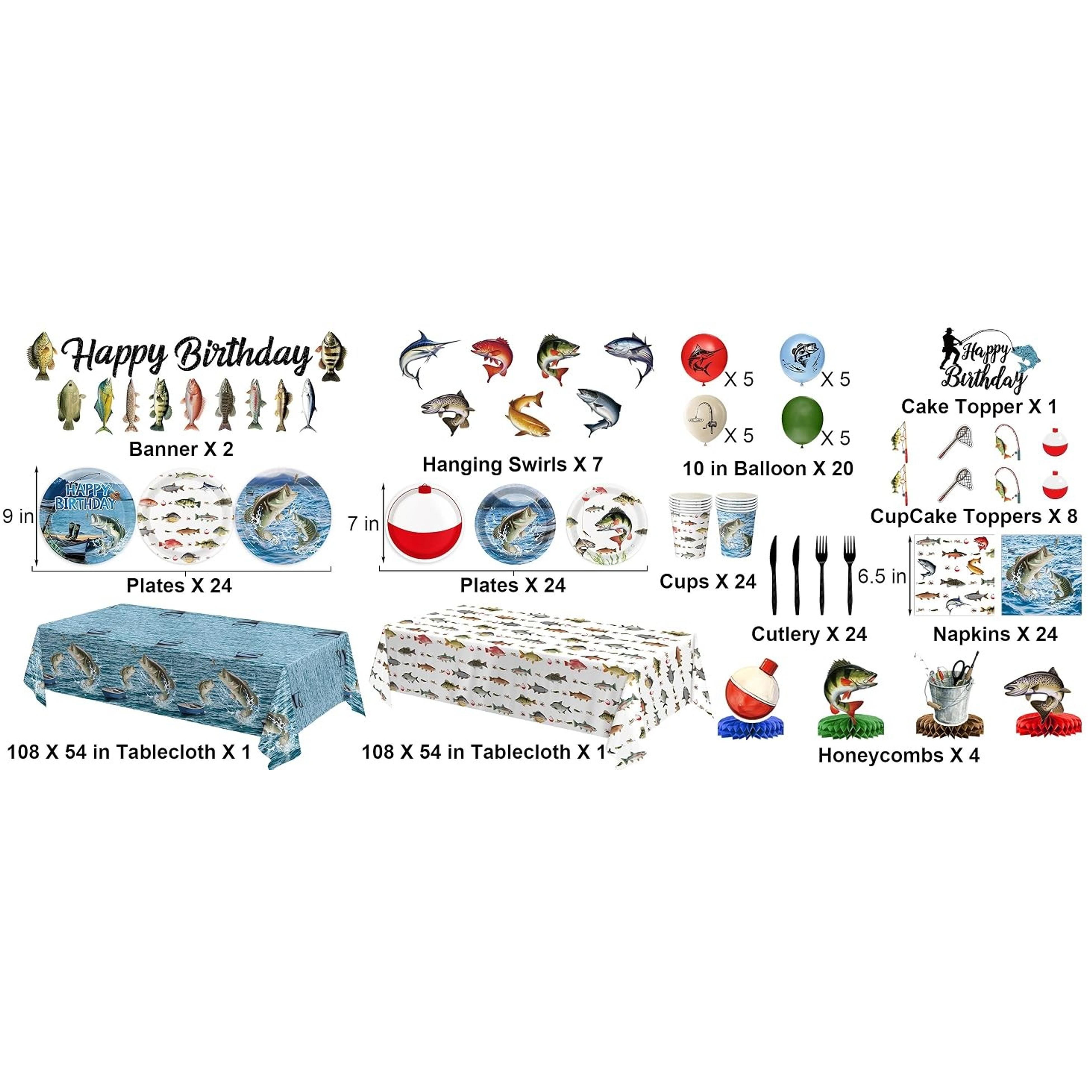Fishing Birthday Party Decorations Set - Plates, Napkins, Cups, Cutlery, Honeycomb Centerpieces, Banner, Hanging Swirls, Tablecloths, Toppers, Balloons for Ofishally One Birthday, Serves 24