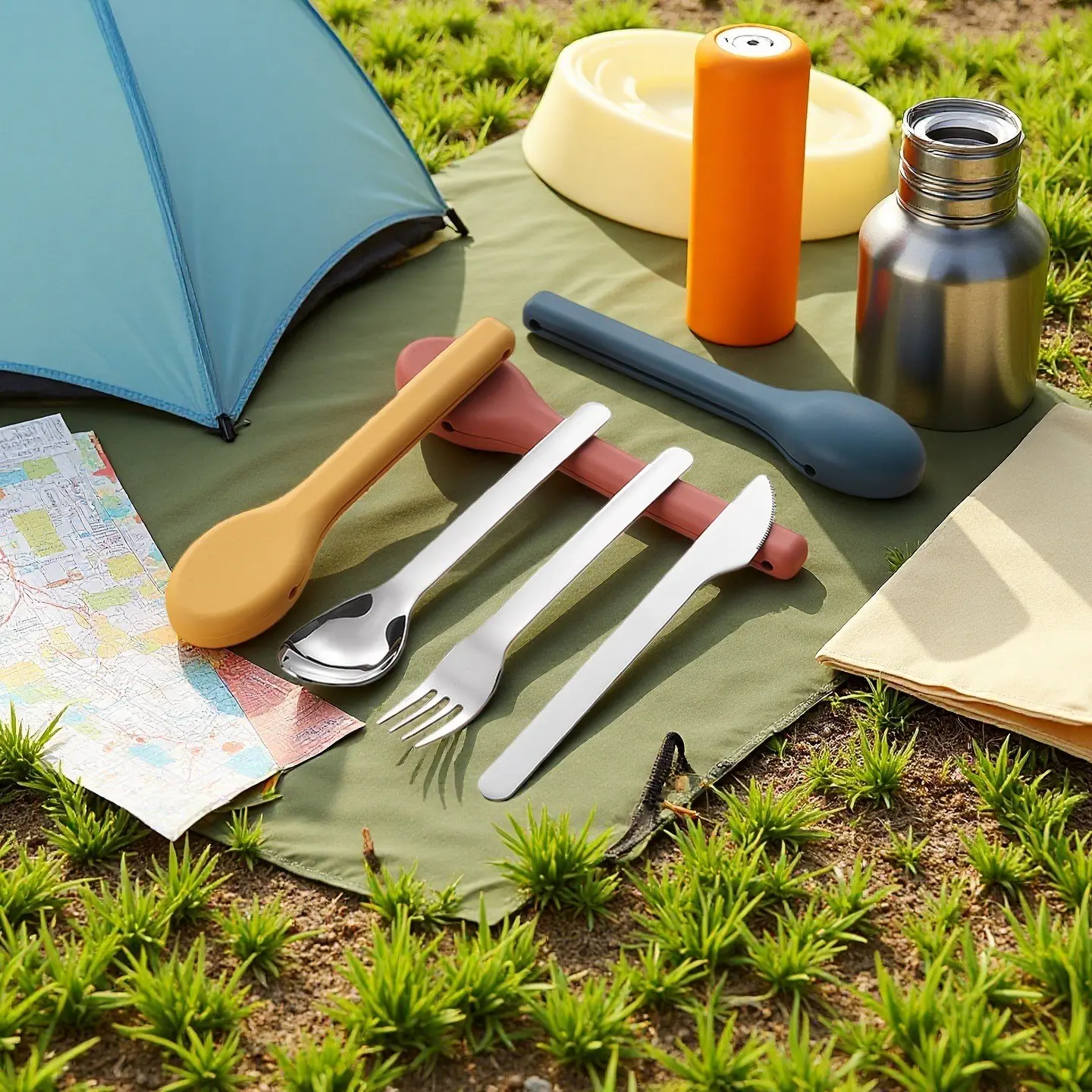 304 Stainless Steel Cutlery Set, Silicone Portable Storage Box, Reusable Dining Utensils for Students, Office Workers, Picnics, Outdoor Use