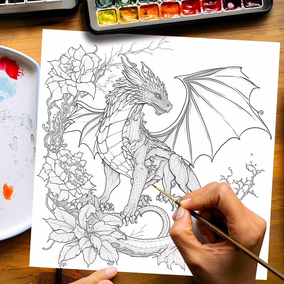 Dragon-Themed Coloring Book, 20 Pages Dragon Pattern Drawing Book, Art & Handmade Painting Frame, Suitable for Home School Office
