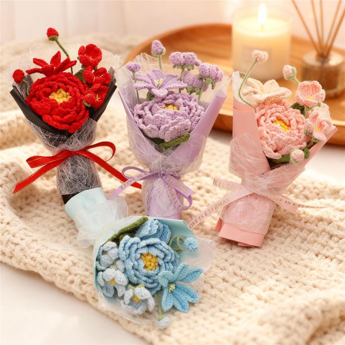 Handmade Knitted Flower Bouquet, Artificial Small Flowers, Mother's Day Valentine's Christmas Birthday Party Graduation Teacher Gift, Handmade Crochet Bouquet