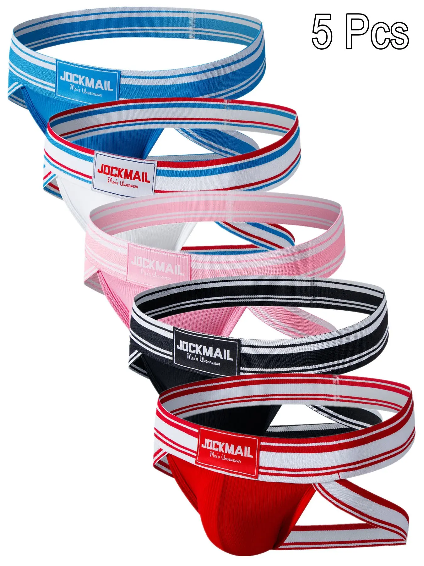 5-Pack Jockmail Jockstraps, Striped Colorblock Design, Breathable Sweat-Wicking, Casual Everyday Underwear for Men, All Seasons, Breathable Stretch Underwear