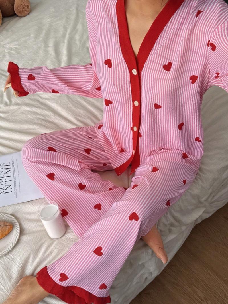 Valentine's Day Elegant Women's Sleepwear Set, Heart Pattern V Neck Short Sleeve Top and Long Pants, Lightweight Polyester Homeewear