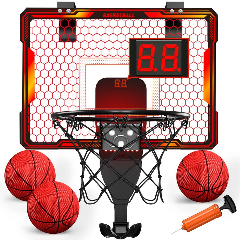 Mini Basketball Hoop Indoor with 7 LED Lighting, Scoreboard, 3 Modes, Volume Adjustable, Over Door Basketball Hoop Foldable, Basketball Toys for Kids Adults,Birthday Christmas Halloween Thanksgiving Gifts.