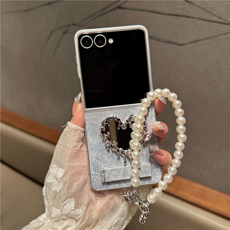 Korean Cute Heart Mirror Stand Phone Case For Samsung Galaxy Z Flip 7 6 5 4 3 Flip6 Flip7 Cover with Chain Denim Cute Cases Capa