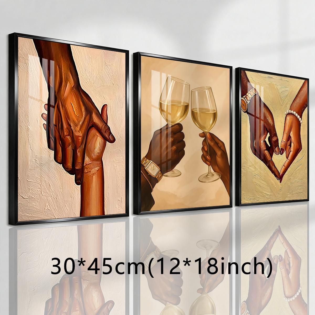 3 Counts Aluminum Alloy Framed Painting, Romantic Couple Hands And Wine Glass Canvas Art, Home Decoration For Living Room, Bedroom, Office, Restaurant, Hallway Wall Decor, Odorless Print Artwork, Luxury Perfect Gift For Friends And Family