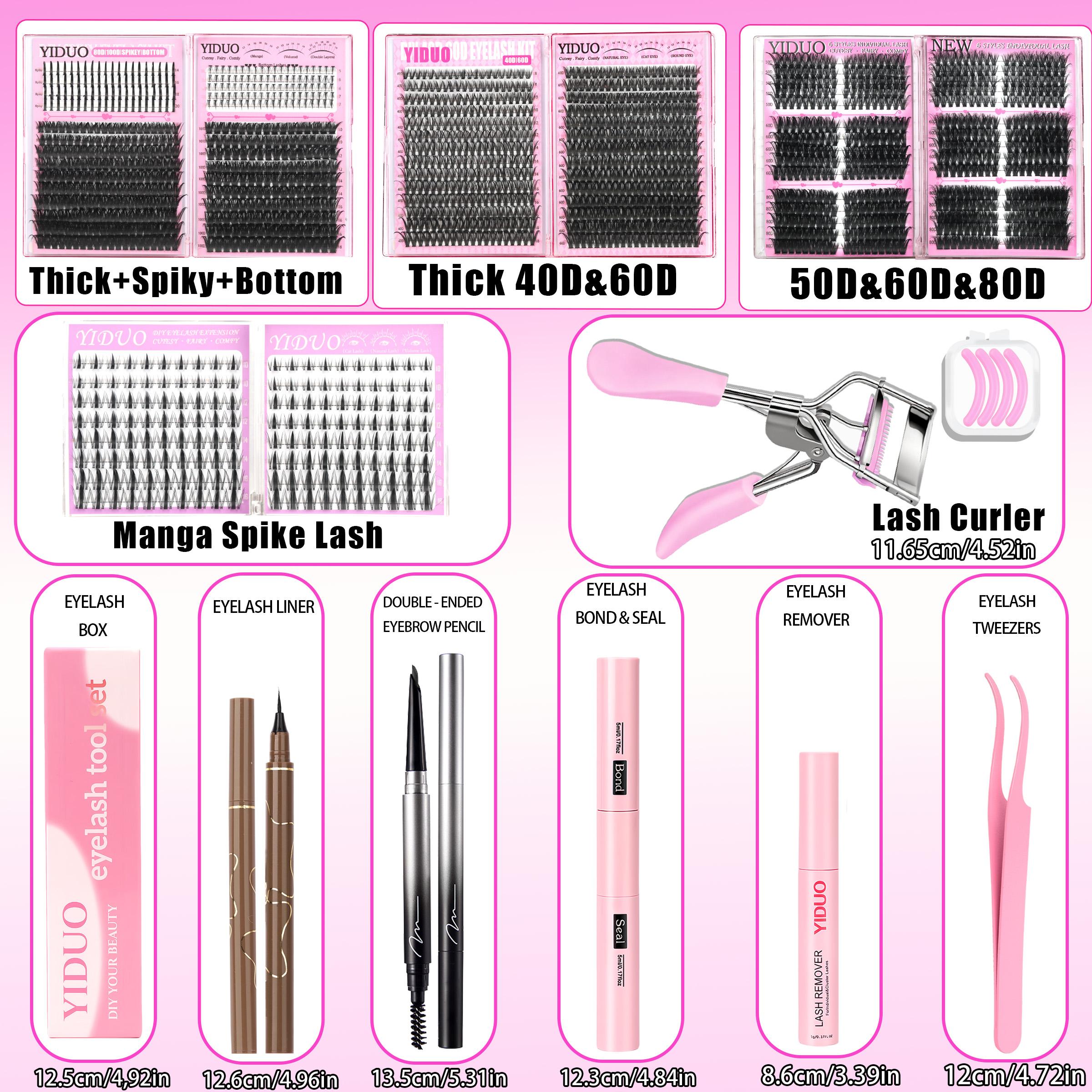 1800 Pcs False Eyelash Cluster Kit, Eyelash Bonding Tools, DIY Lash Extension, Bottom/Spiky/Volume/40D/60D/80D Eyelash Glue Extension, D-Curl 10 Styles, with Double-ended Eyebrow Pencil, Waterproof Eyeliner, Bond and Seal Kit