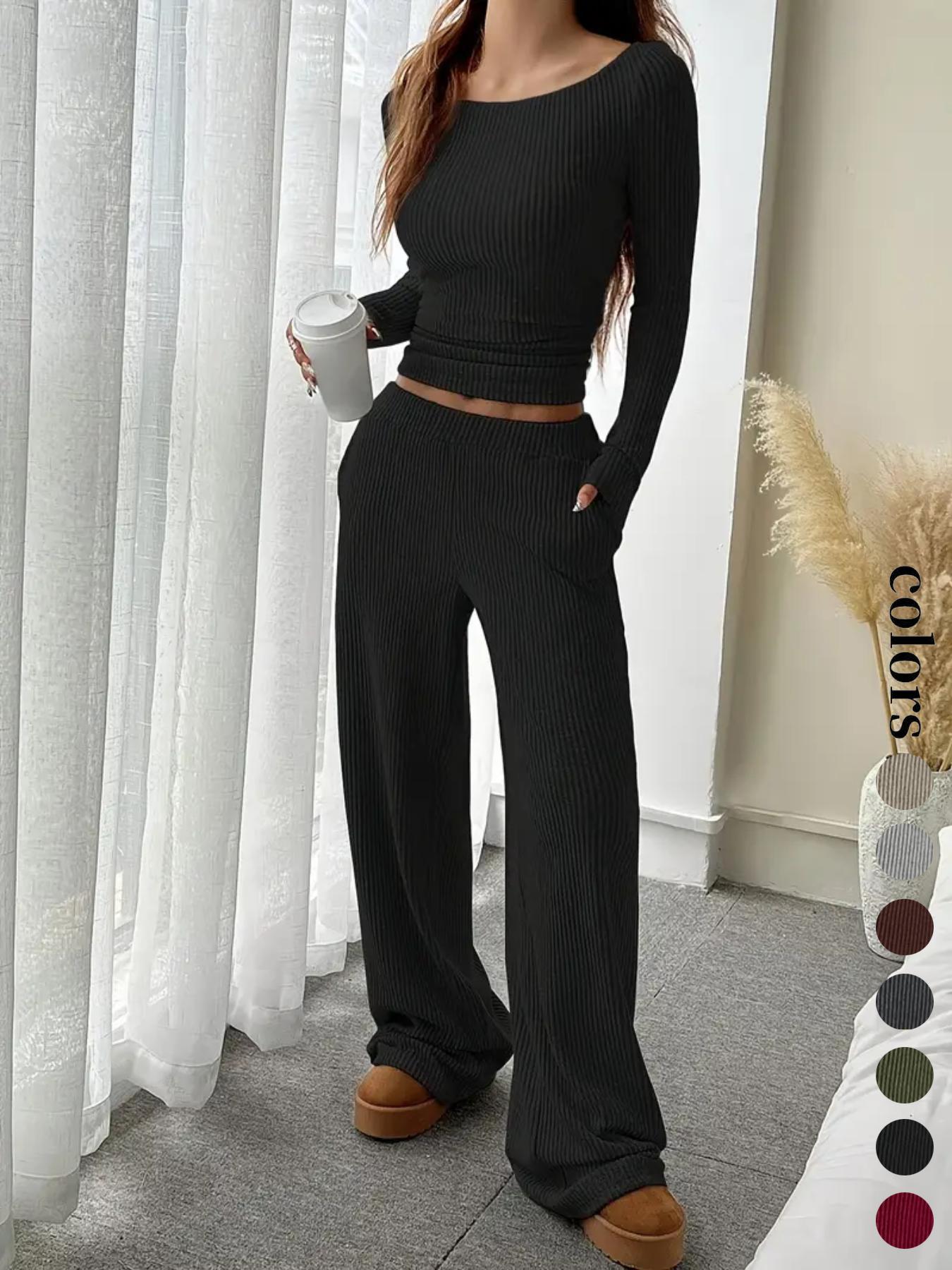 Women's Casual Striped Long Sleeve Top & Loose Pocket Pants Set, European Style Womenswear, Comfortable for Daily Wear