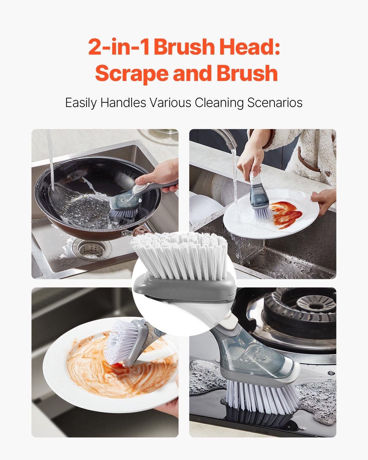 【Father's Day gift】VEVOR Soap Dispensing Dish Brush, Kitchen Scrub Brushes with 3 Brush Heads, Dish Cleaning Brushes with PP Handle and Curved Bristles, Ideal for Pots, Pans, Sink and Stove 【Father's Day gift】VEVOR Soap Dispensing Dish Brush, Kitchen Scrub Brushes with 3 Brush Heads, Dish Cleaning Brushes with PP Handle and Curved Bristles, Ideal for Pots, Pans, Sink and Stove