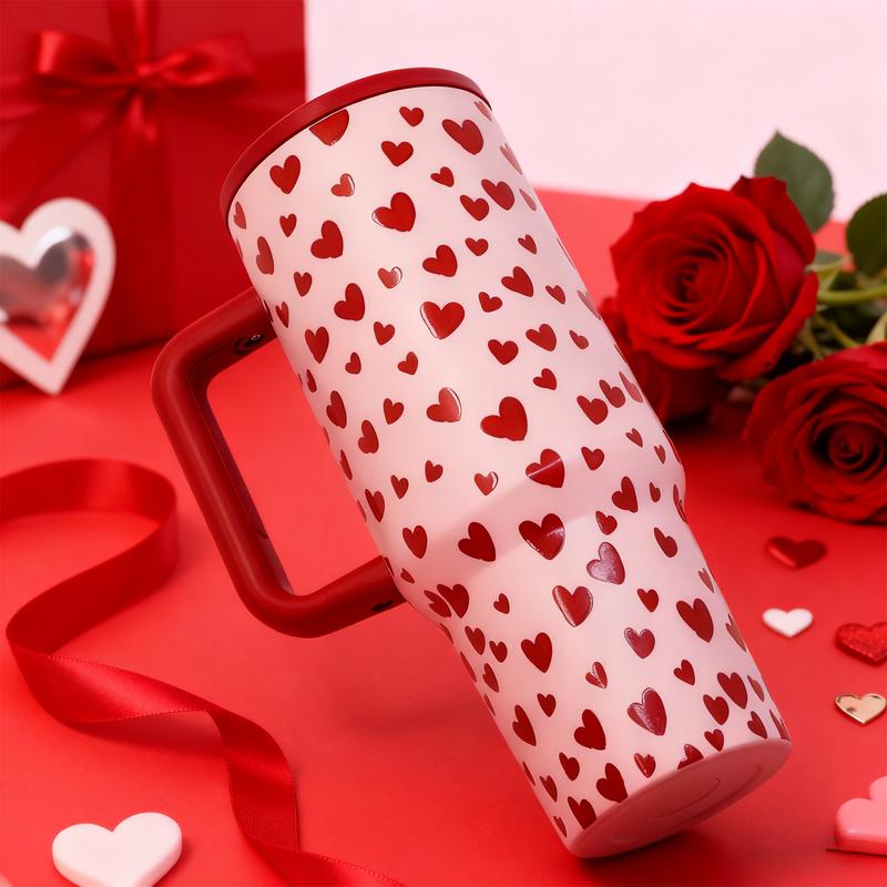 Auracup 1 Pc 40oz double wall stainless steel insulated mug vacuum cup with handle, leak proof travel tumbler, keeps hot 12 hours and cold 24 hours, pink heart pattern, gift for women, girlfriend wife, Valentine anniversary, Leak Resistant Tumbler