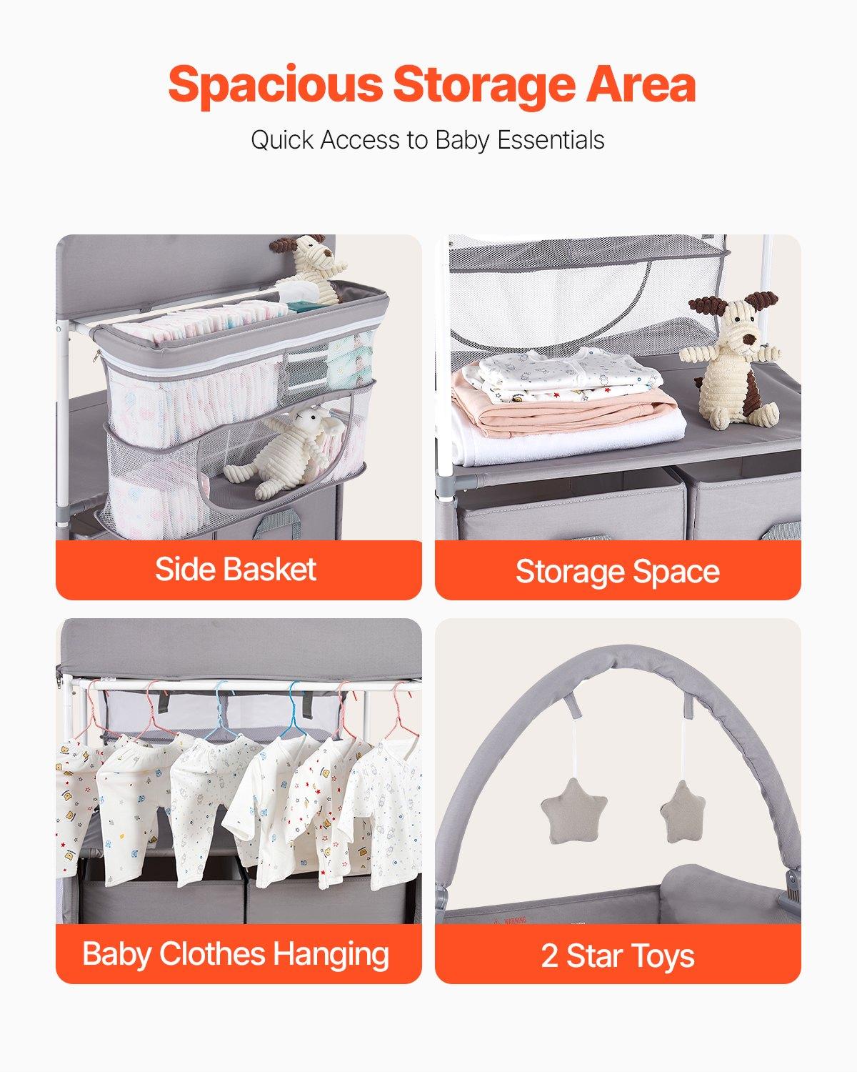 VEVOR Baby Changing Table, Foldable Diaper Change Station with 2 Fabric Drawers, Side Basket & Hanging Rod, Adjustable Height Portable Changing Table with Lockable Wheels & 2 Star Toys, Light Gray VEVOR Baby Changing Table, Foldable Diaper Change Station with 2 Fabric Drawers, Side Basket & Hanging Rod, Adjustable Height Portable Changing Table with Lockable Wheels & 2 Star Toys, Light Gray