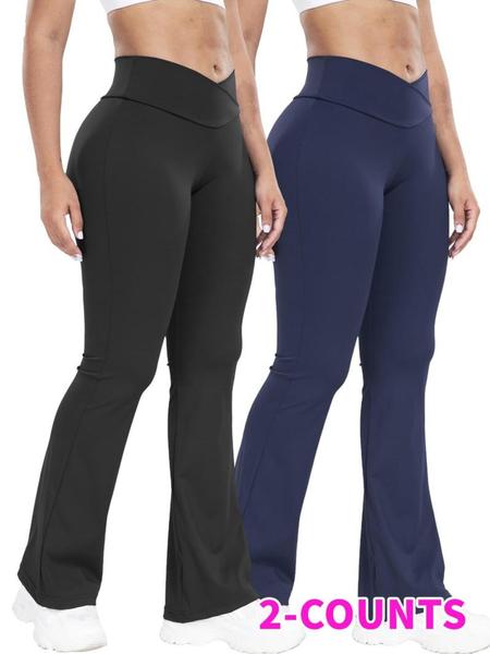 Women's Solid High Waist Flare Leg Sports Leggings, Breathable Comfortable Overlap Waist Yoga Leggings, Ladies Sportswear for Indoor Outdoor Wear, Skinny Yoga Bottoms