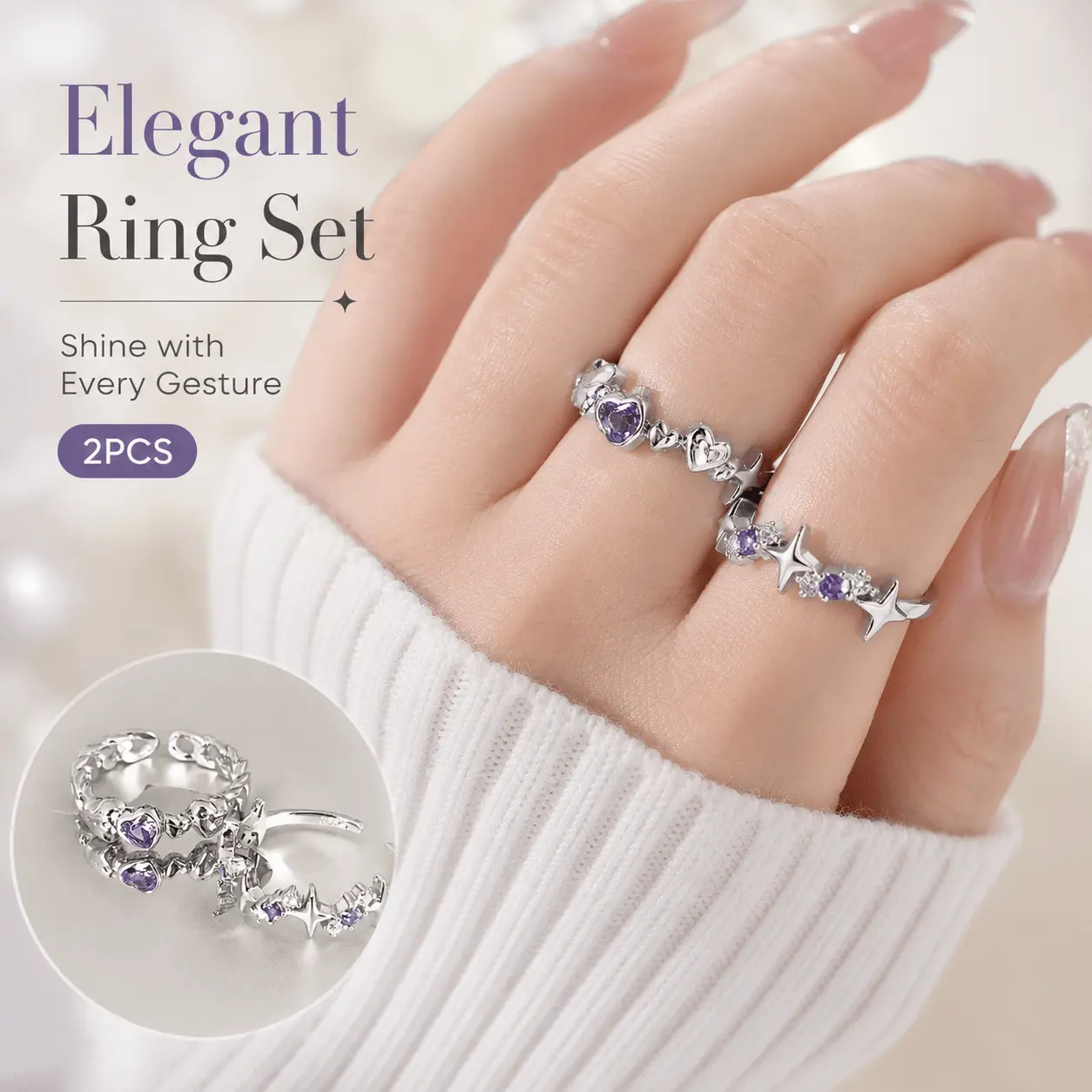 2PCS Purple Heart & Star Ring Set for Women, Stackable Dainty Rings, Adjustable Open Celestial Rings, Y2K Trendy Jewelry for Daily Wear, Party & Gift for Her