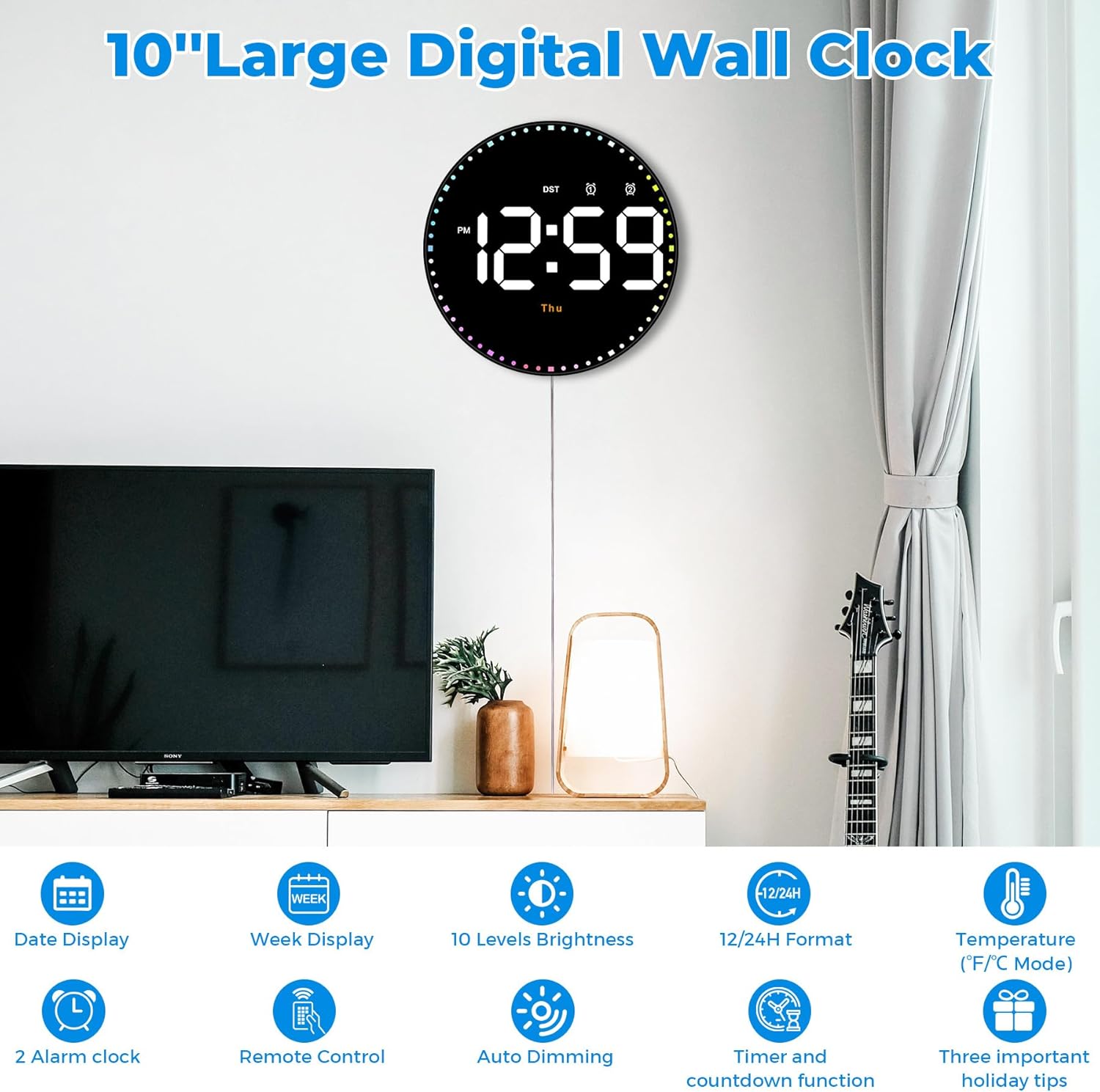 Digital wall clock, 10-inch large-screen digital clock, with remote control, adjustable brightness, calendar and temperature display, 12/24-hour format, suitable for living rooms, offices, bedrooms, and elderly users, Led Digital Clock