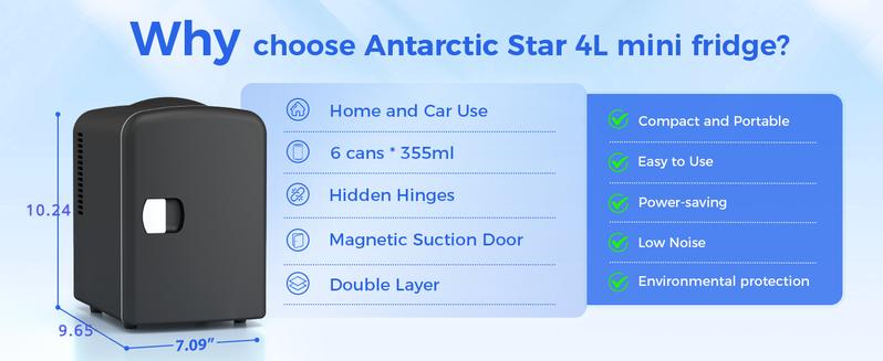 Antarctic Star Compact Refrigerator, Portable Mini Fridge, 4L Capacity/6 Cans,12oz, Portable Small Refrigerator for Cosmetics, Skin Care and Food , Ideal for Bedroom, Car, Office & Dorm,100% Freon-Free & Eco Friendly