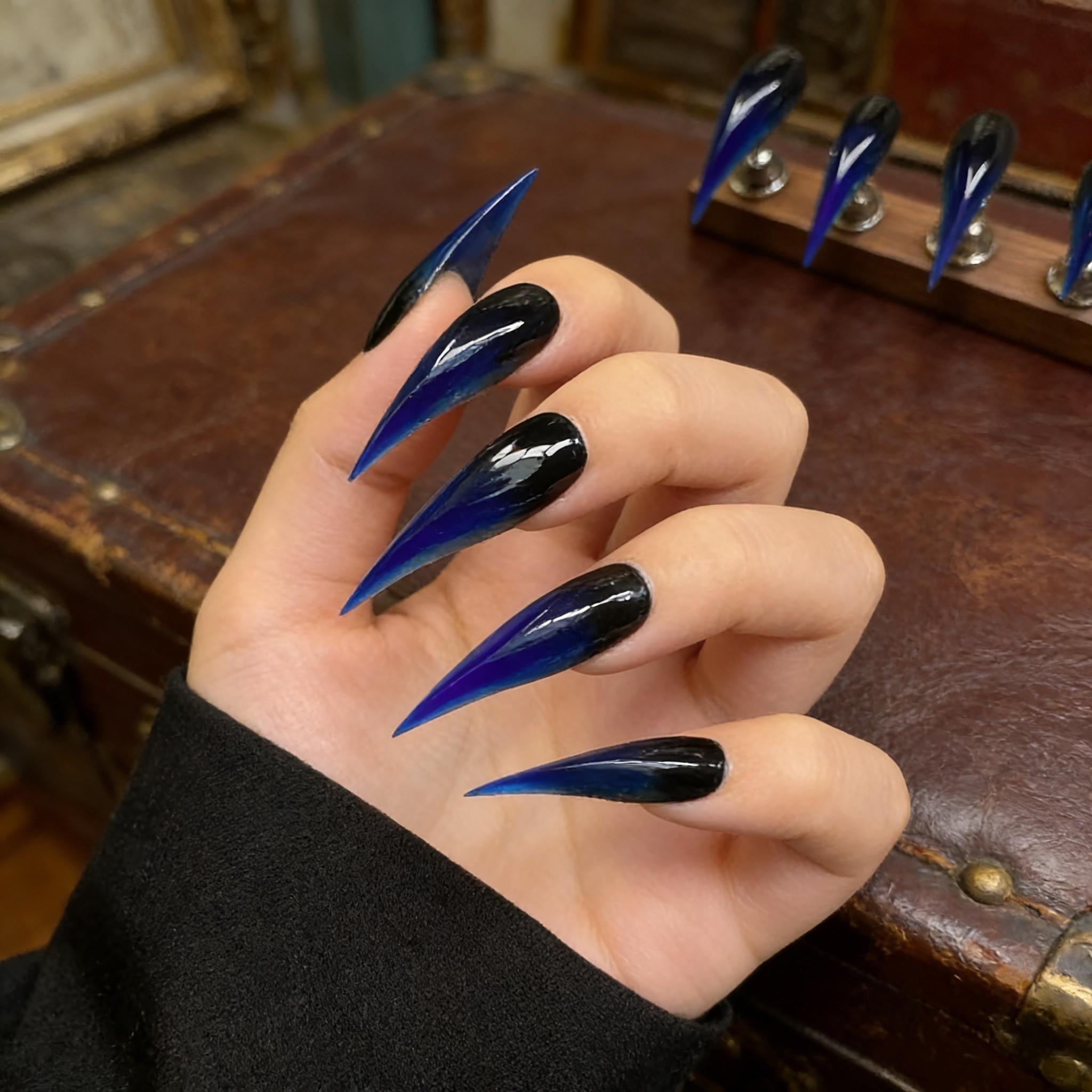 Handmade False Nails, Acrylic False Nails, Cat Claw Shape, Blue Gradient, Glossy Finish, Long Nails, Versatile Nail Art Stickers, Single Item Pack