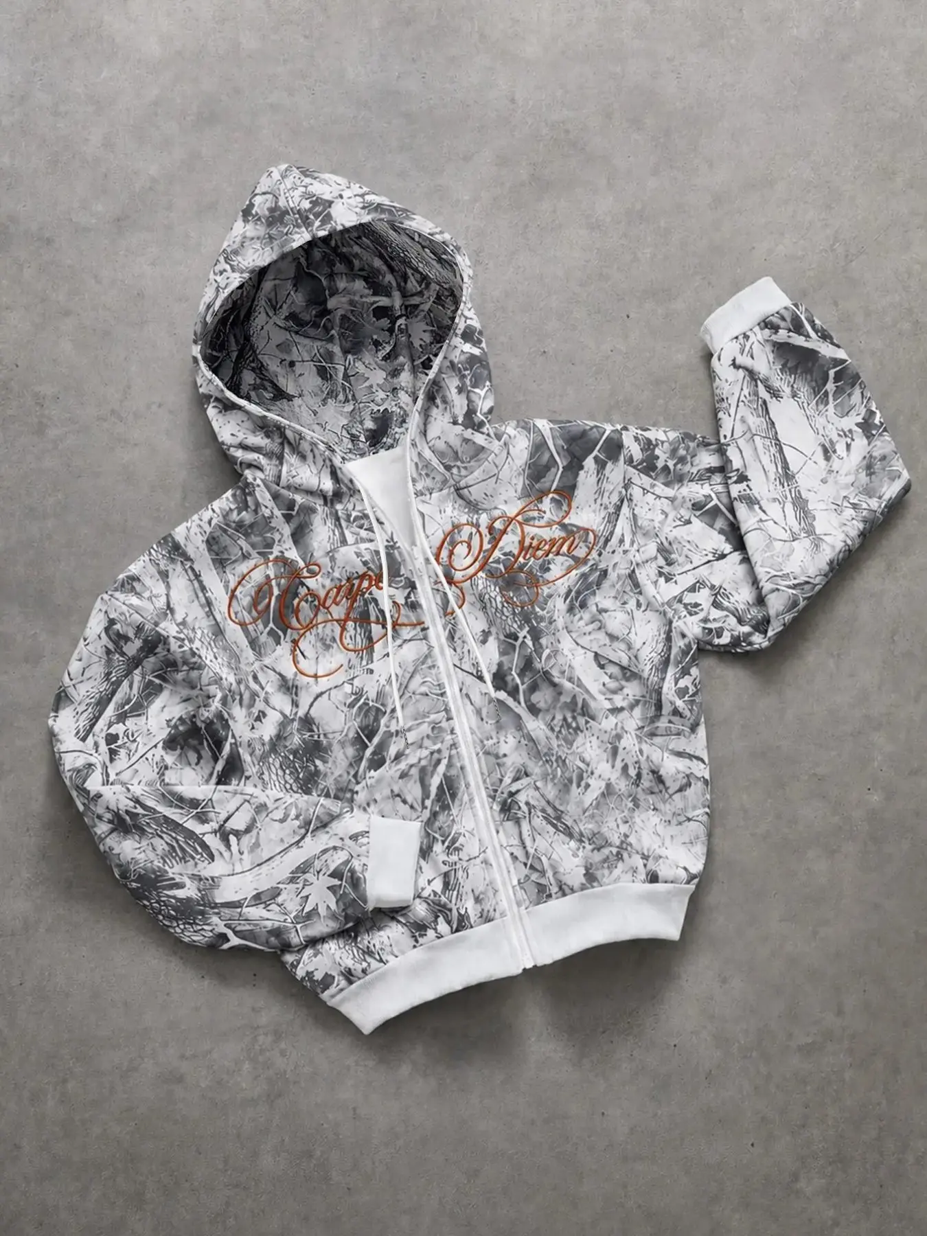 Vintage Streetwear Snow Camo Full-Zip Hoodie, Heavyweight Jacket with Calligraphy Graphic, Unisex Daily Casual Outfit
