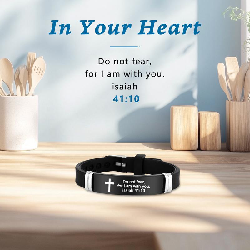 Inspirational Quote Bible Verse Cross Bracelets Faith Christian Silicone ID Wristband Religious Gifts for Men Women Stainless Steel Rubber Adjustable Bracelet
