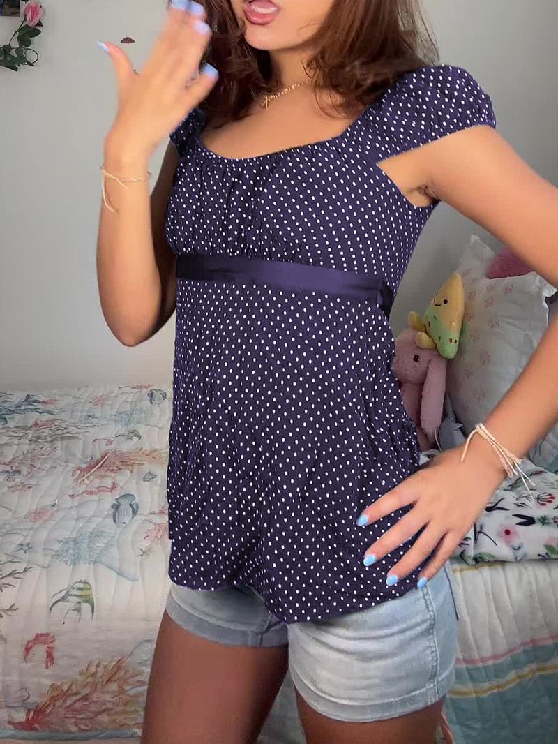 Polka Dot Square Neck Tie Top, French Vintage Style Slim Fit, Perfect for Daily and Dates, Women's Fashion Polka Dot Square Neck Tie Top, French Vintage Style Slim Fit, Perfect for Daily and Dates, Women's Fashion