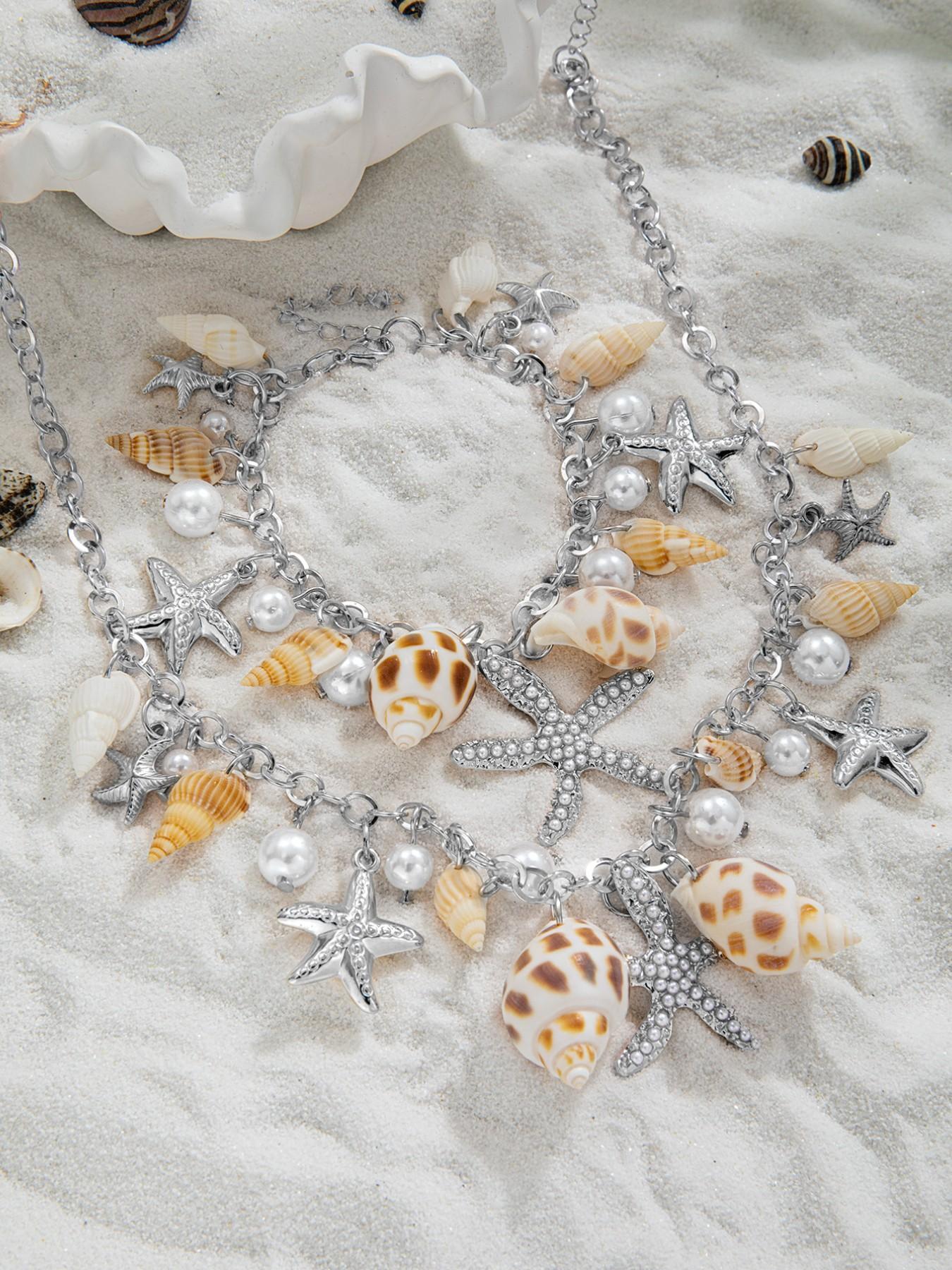 Unisex 2-Piece Ocean Theme Alloy Costume Jewelry Set - Imitation Pearl, Starfish, Shell, Geometric Pattern Necklace & Bracelet for Daily Wear, Gifting