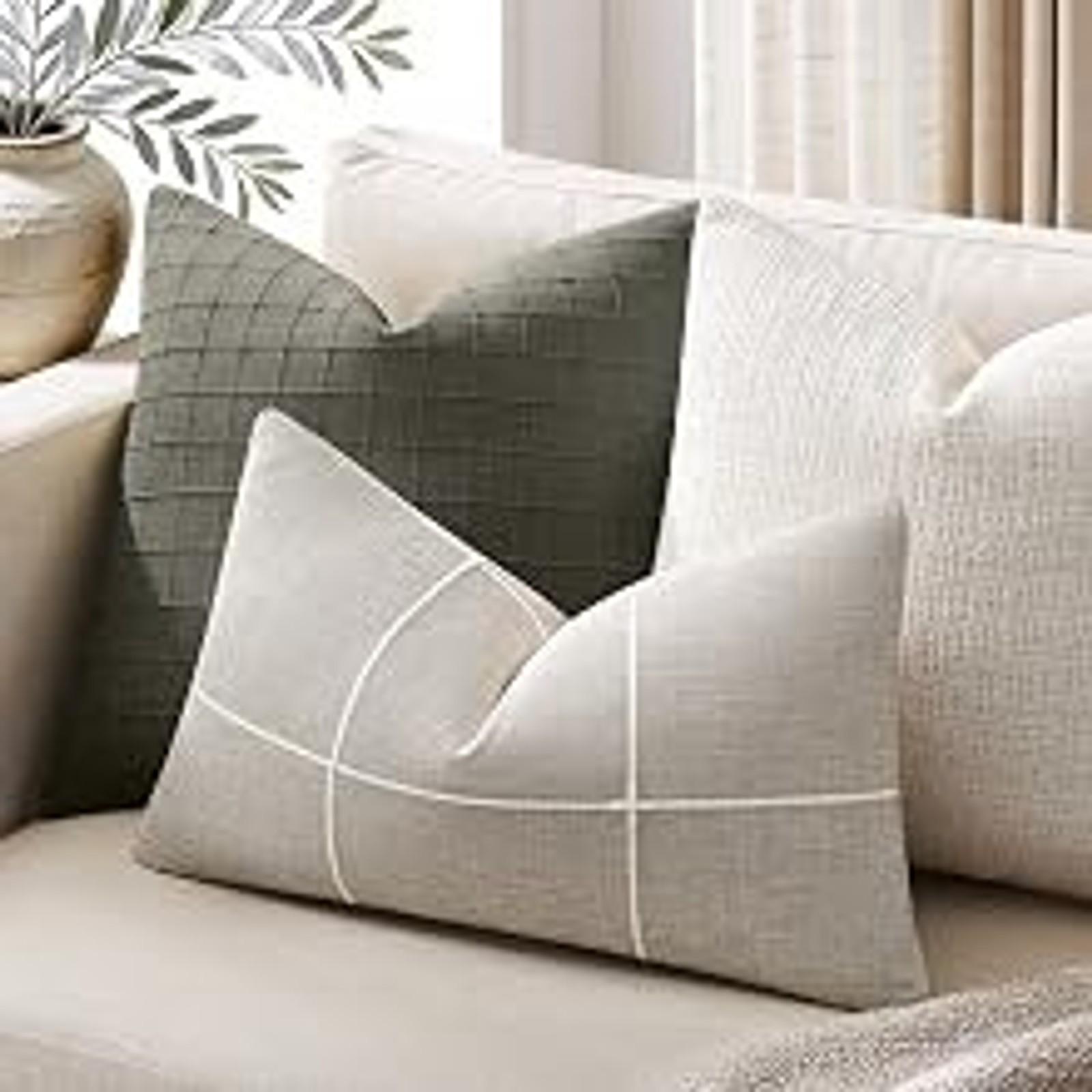2-Pack Sage Green Grid Embroidery Throw Pillow Covers 18x18 Inch – Farmhouse Linen Checked Decorative Accent Cushion Covers, Home Decor for Sofa Bed Living RoomGift
