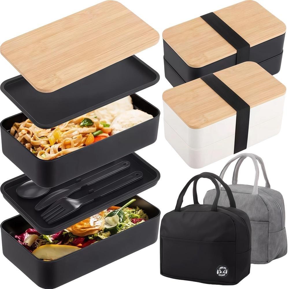 Double-Layer Bento Box with Dividers, Insulated Large Capacity Microwave Safe Stackable Plastic Lunch Box, Japanese Style Reusable Container