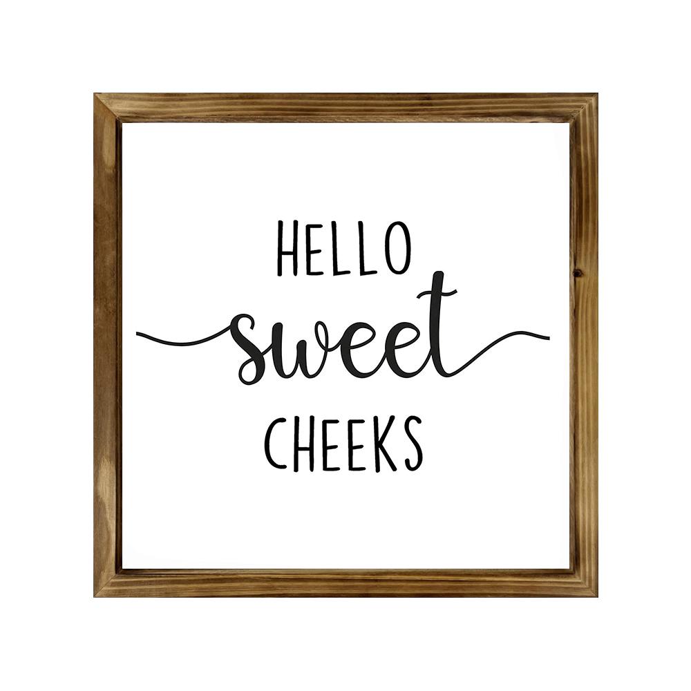 Hello Sweet Cheeks Pattern Wooden Framed Sign, Farmhouse Style Letter Pattern Wall Art, Wall Decor for Home, Kitchen, Bathroom, Living Room, Vintage Decor, Rustic Farmhouse Design