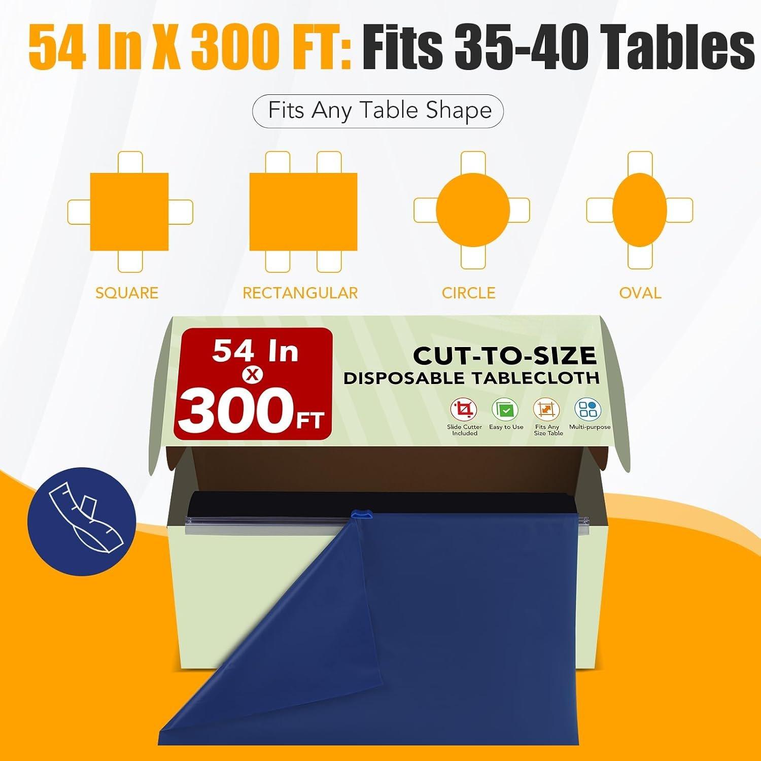54 in X 300 FT Blue Plastic Table Cover Roll with Slide , Cuts Up to 36 Rectangle 8  Disposable Plastic Table Cloths, Disposable Table Cover Roll for Dinning, Parties, BBQ, Wedding, Outdoor