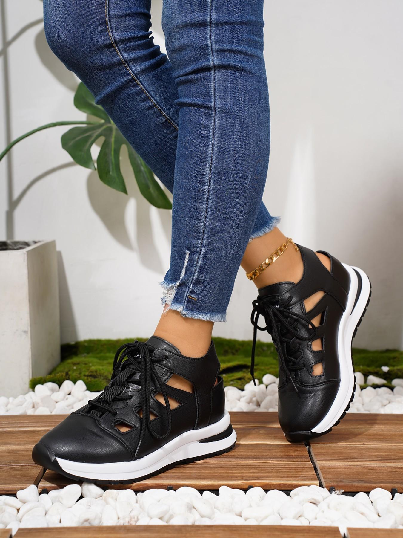New Women's Cutout Thick Sole Dad Shoes, Breathable Casual Lace-Up Sports Shoes, Patchwork Platform Shoes, Versatile Comfort Walking Shoes