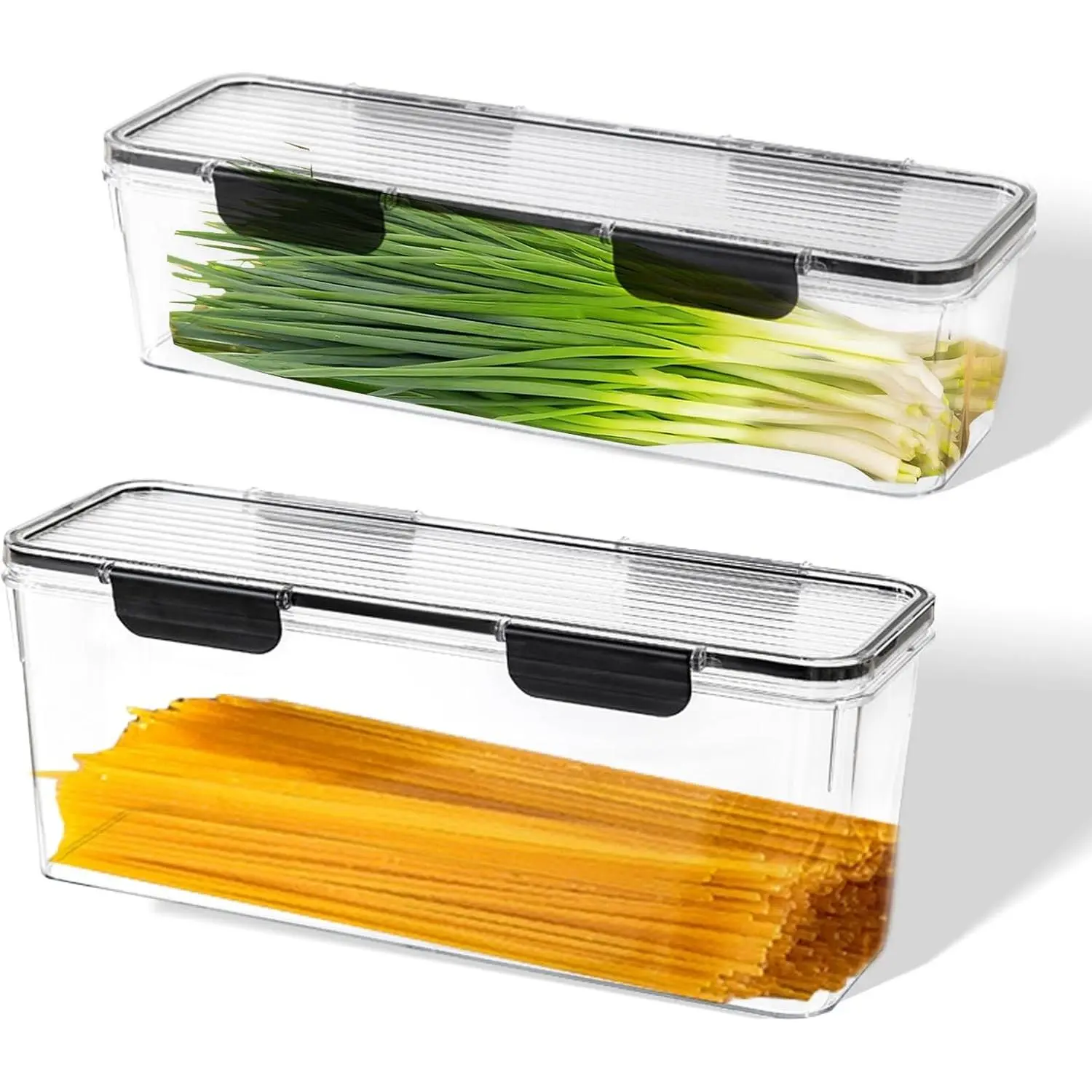 2-Pack Stackable Fridge Organizer Bins with Lids, Clear BPA-Free Food Storage Containers for Refrigerator, Fruits, Vegetables, and Drinks (Black)