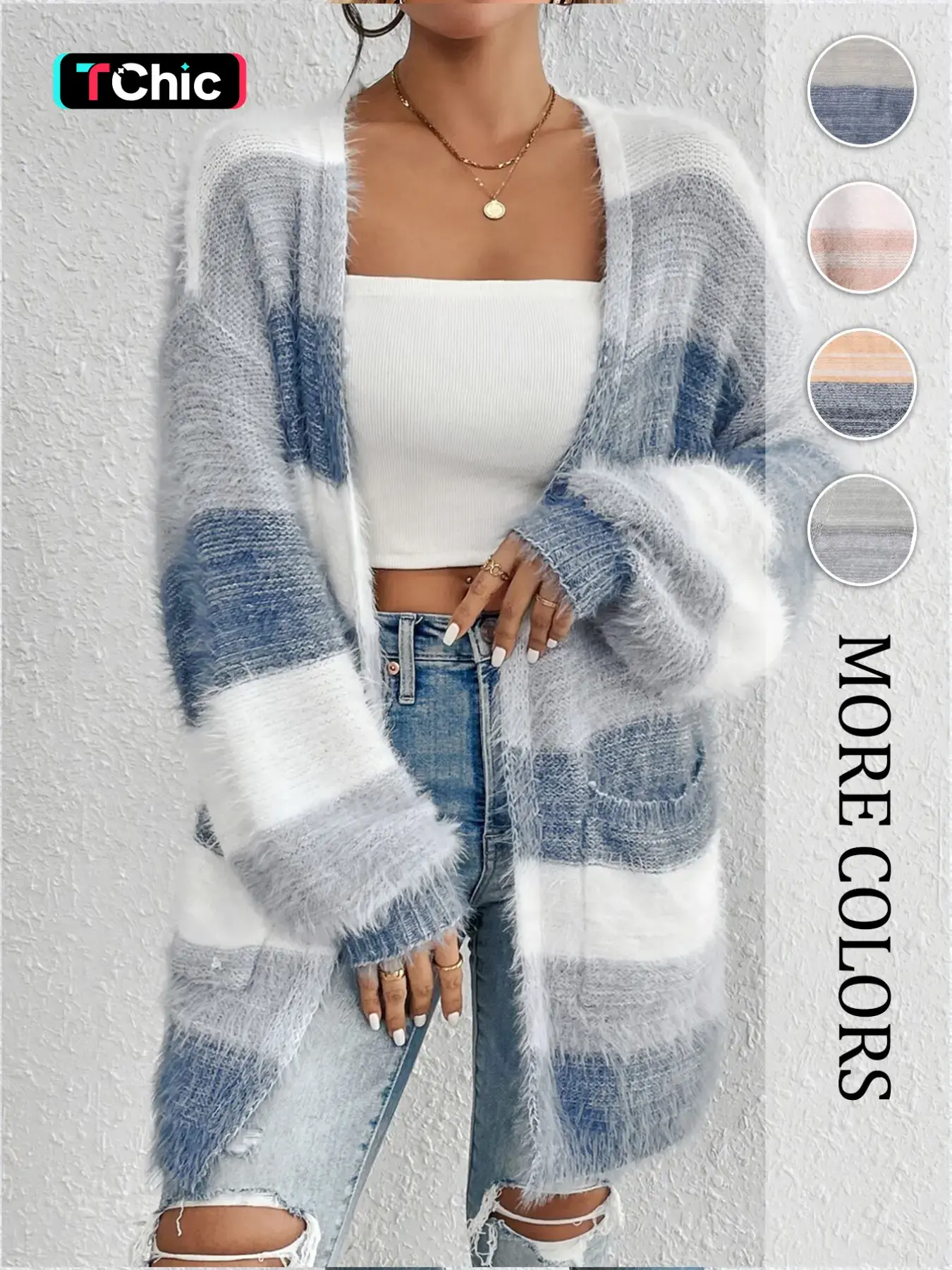 Women's Colorblock Striped Print Long Sleeve Fuzzy Lightweight Knit Design Cardigan, Casual Open Front Long Cardigan for Daily Wear, Ladies Clothes for All Seasons, Womenswear, Knitwear