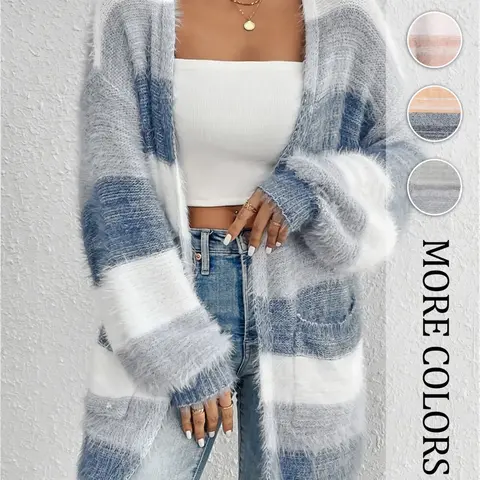 【Black Friday】Women's Colorblock Striped Print Long Sleeve Cardigan, Casual Open Front Fuzzy Knit Cardigan for Daily Wear, Knitwear for Winter, Womenswear