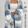 【Black Friday】Women's Colorblock Striped Print Long Sleeve Cardigan, Casual Open Front Fuzzy Knit Cardigan for Daily Wear, Knitwear for Winter, Womenswear