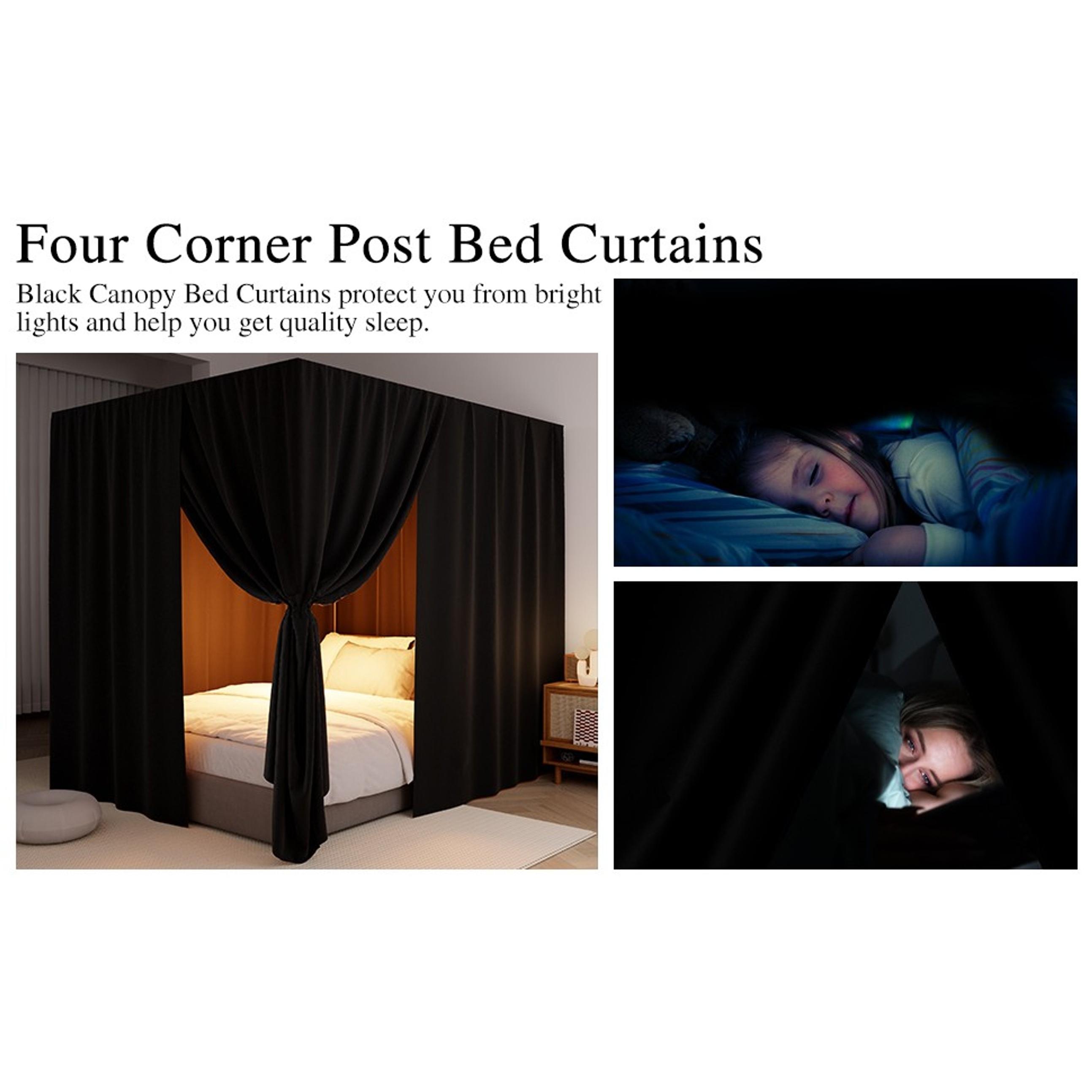 Black Canopy Bed Curtain 4 Corner Post Bed Curtains, Queen One-piece Integrated Canopy Bed Curtains Blackout Bed Canopy Curtain for Adults Girls Bedroom Decoration