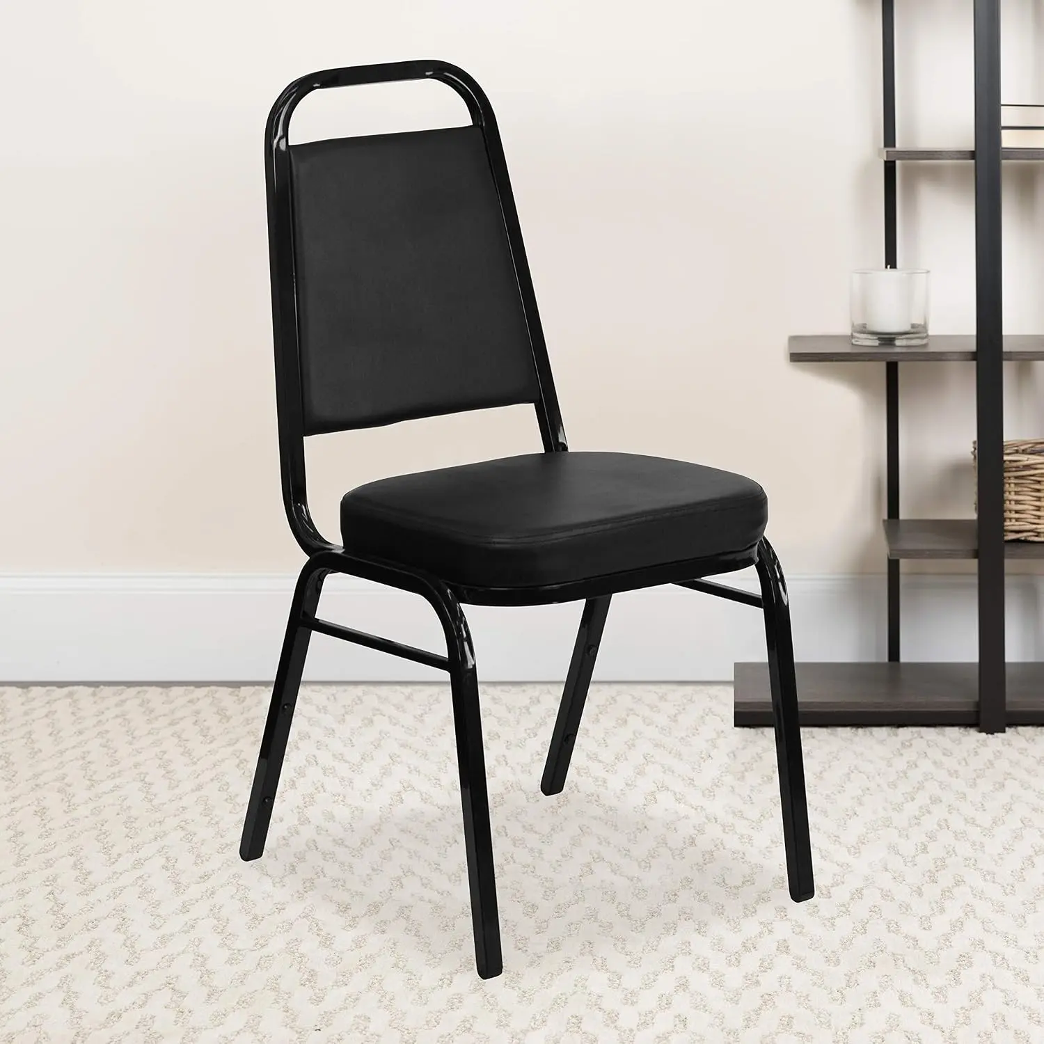 Trapezoidal Back Vinyl Stackable Banquet Chair, Multipurpose Stacking Chair with Padded Seat and Back, Black