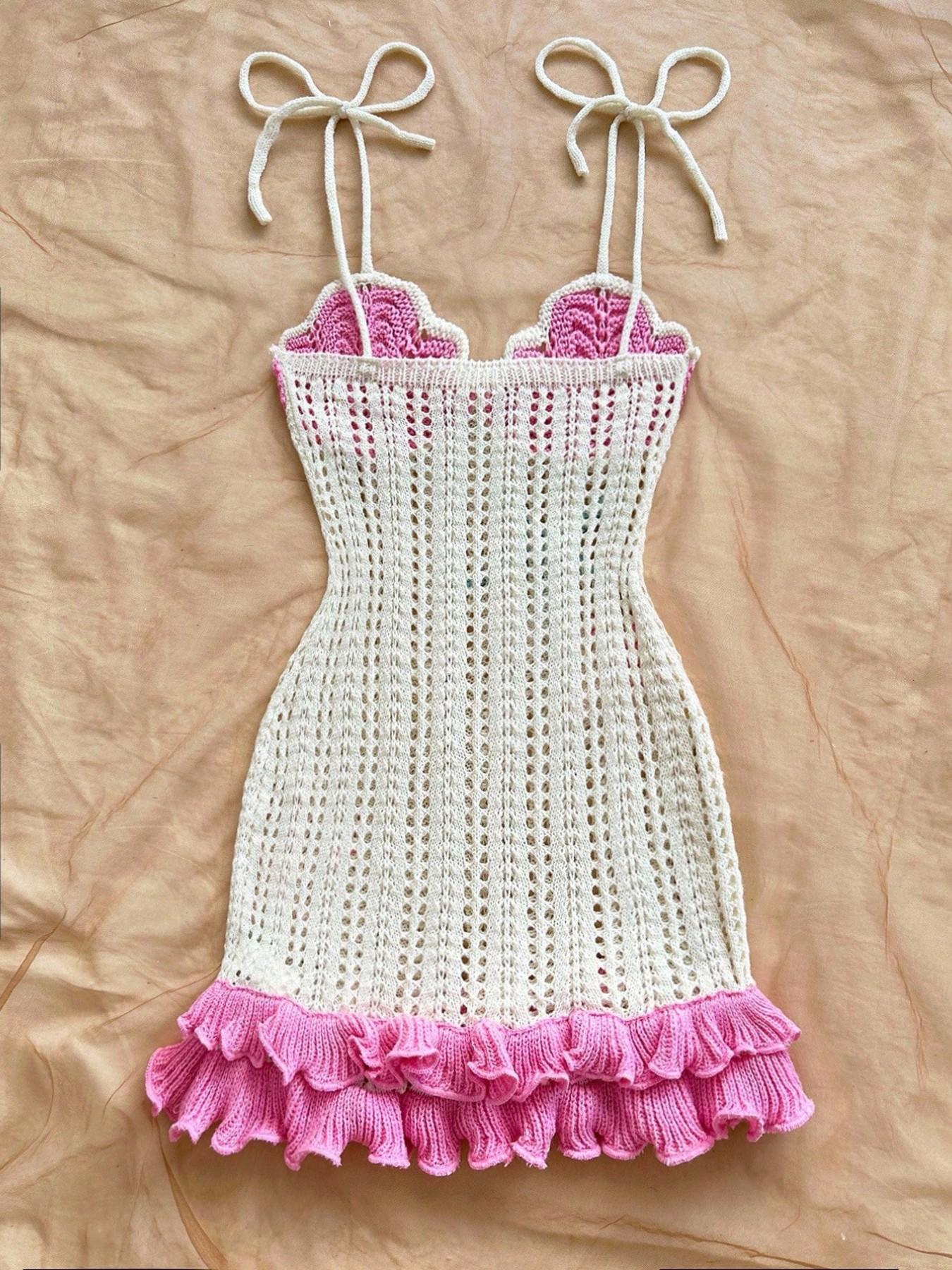 Summer Beach Crochet Dress For Women, Hollow Out Knitted Mini Dress With  Starfish Embroidery, Pink Ruffle