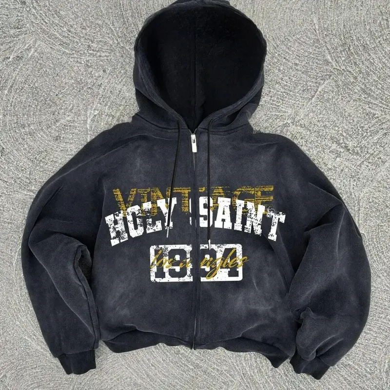 Men's Vintage Letter and Graphic Print Hoodie, Long Sleeves, Casual Zipper Pullover, Comfortable Streetwear, Sweatshirts, Perfect for Daily Wear, Graphic Hoodies