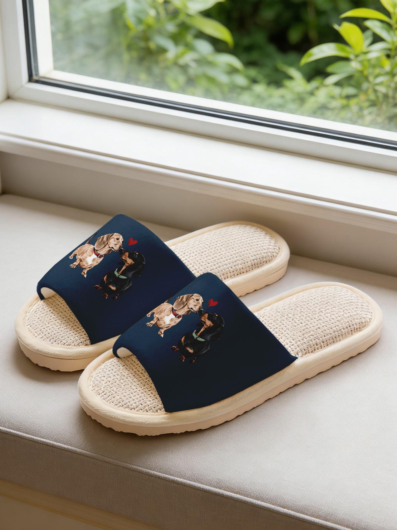 Cute Dachshund Couple Linen Slippers, Breathable Non-slip Casual Lightweight All Season House Shoes for Dog Lovers Women Men Family Daily Wear
