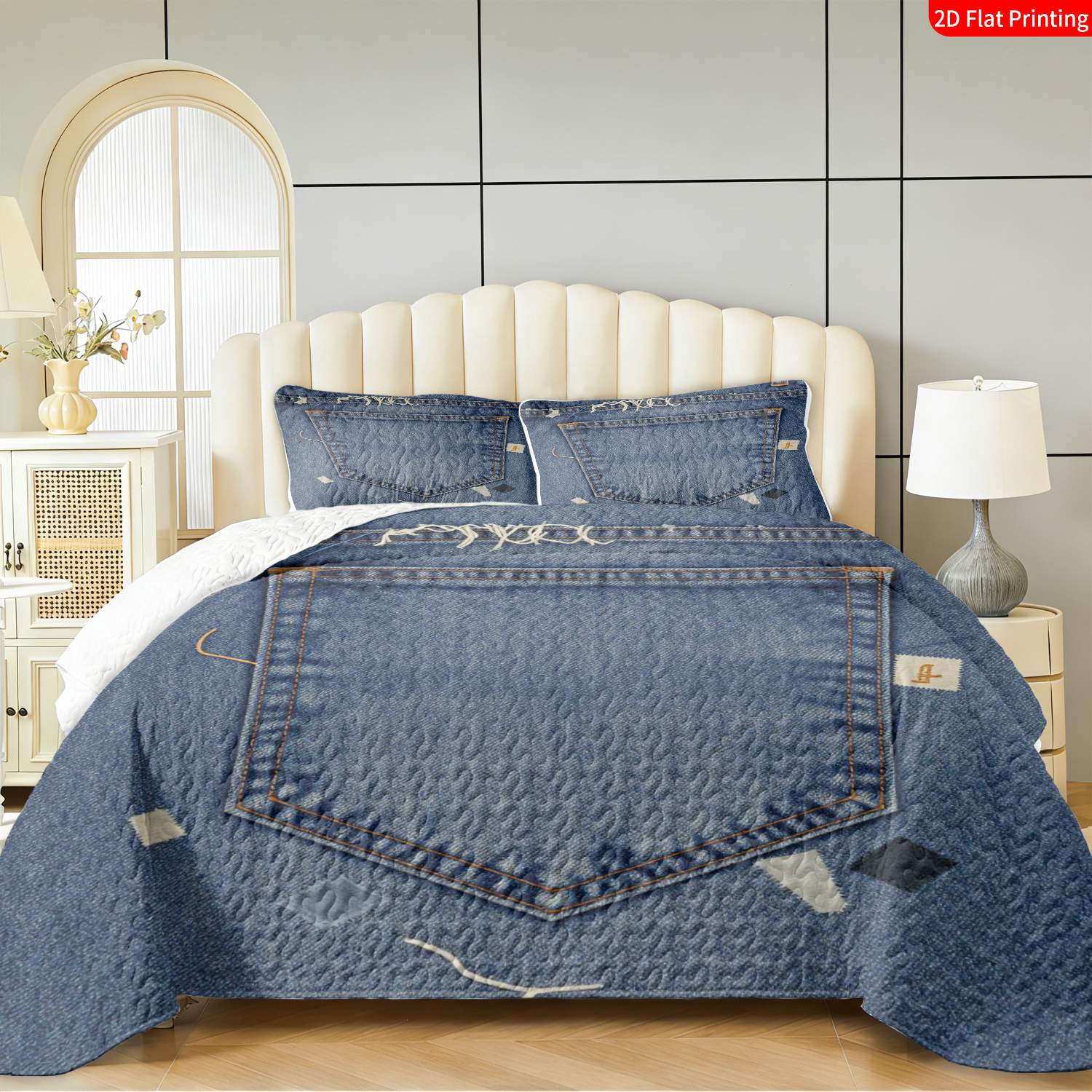 3 pcs, 2D flat print Denim Patchwork bed cover set, Jeans-inspired theme, multiple sizes available, bedding set, festive decorative bedding, ideal for bedroom decor(1 bedspread , 2 pillowcases)