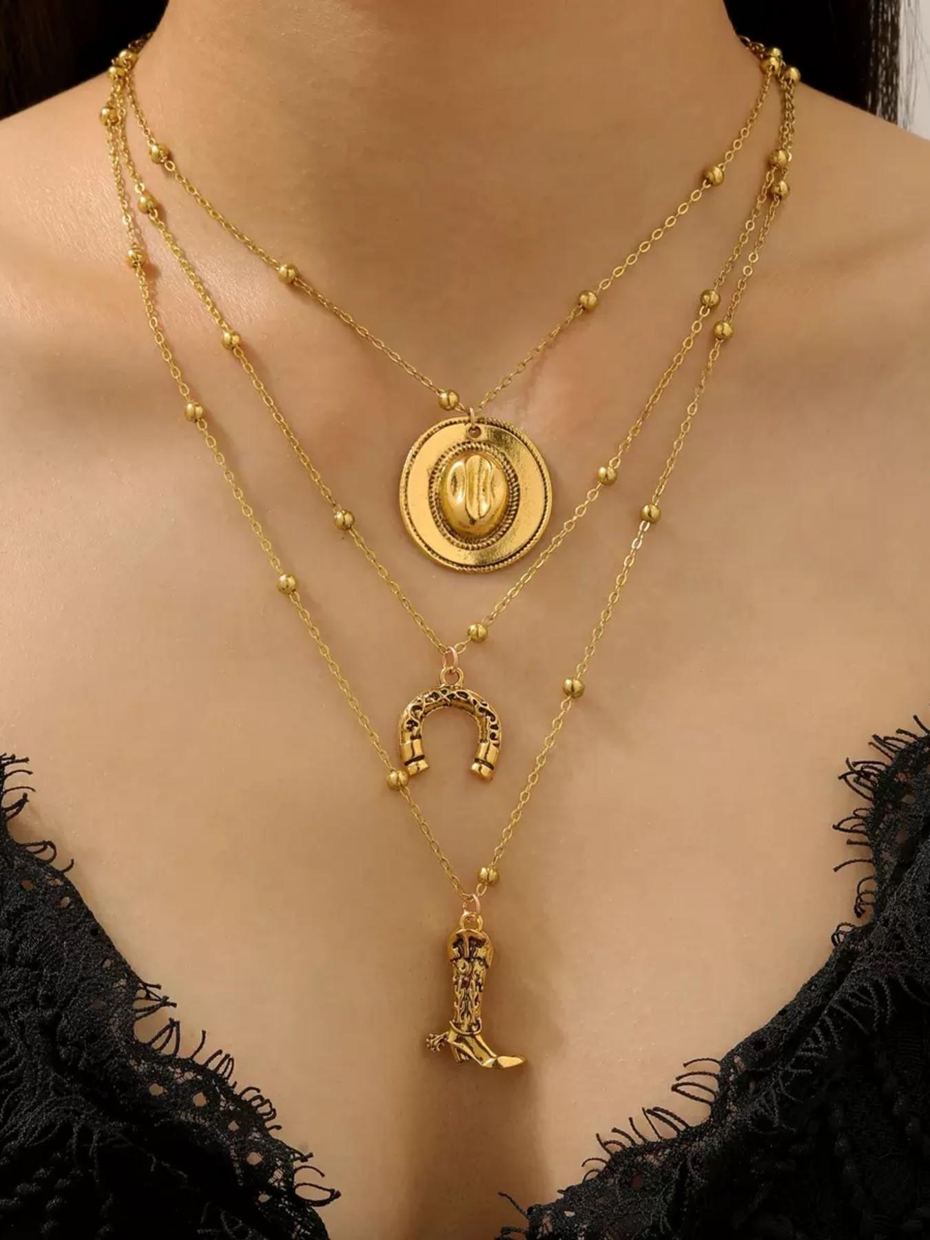 3-Layer Retro Alloy Western Cowboy Necklace Set, Stylish Layered Design, Perfect for Western, Durable Alloy Material