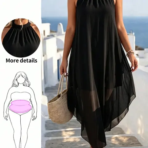 Women's Plus Size Halter Neck Sleeveless Long Dress, Double Layer Design, Casual Flowy Asymmetrical Hem Dress Trendy Summer Wear for Wedding Guest and Evening Party
