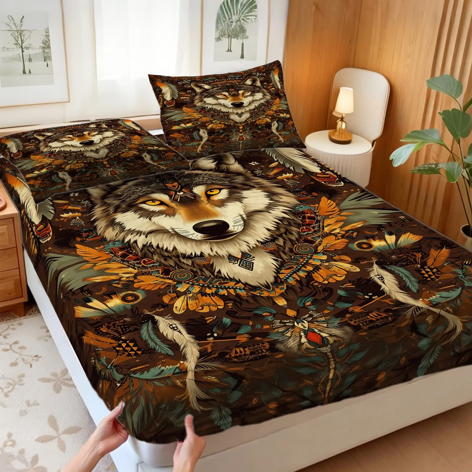 3Pcs Tribal Fiery Wolf Fitted Sheet Set, Vibrant Wildlife Print Bed Sheet Set, Bold Wilderness Bedding Set with No Fillers, Creates Striking Mysterious Wild Vibe for Wolf Lovers & Outdoor Enthusiasts, Ideal for Bedroom, Cabin, Lodge & Dorm