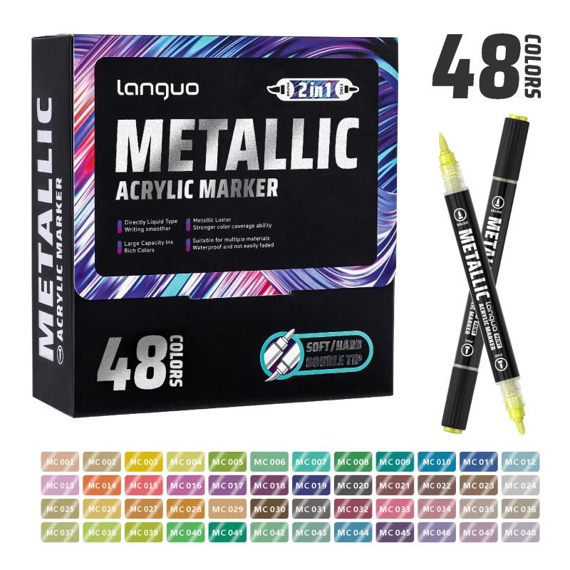 Acrylic Paint Metallic Markers, Automatic ink control Dual Tip (Brush & Fine)for Black Paper & Rock Painting Metallic Acrylic Paint Markers for DIY Crafts, Scrapbooking, Glass, Wood, Drawing Markers