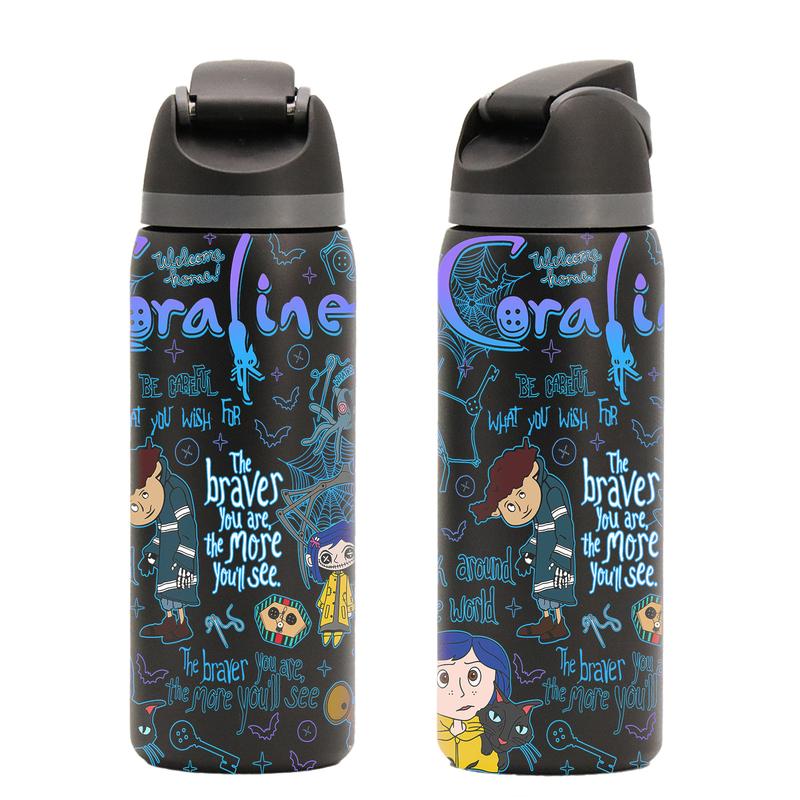 1 Pc 19/24/32oz double wall stainless steel thermal mug, vacuum insulated skinny tumbler, leak-proof lid, keeps drinks hot 12 h/cold 24 h, coraline doodle print, reusable for hot cold drinks, gift for holiday Christmas, Insulated Cups, Drinkware