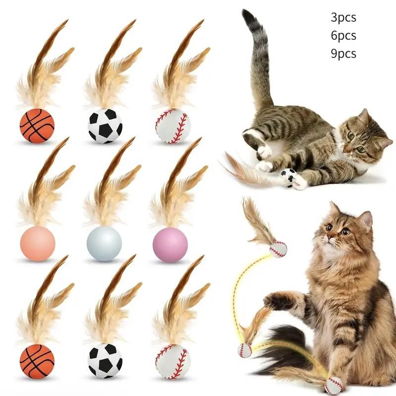 Interactive Cat Toys Set, New Elastic Ball with Feather Tail, Soccer Basketball Baseball Shapes, Indoor Chase Game, Essential Cat Toy