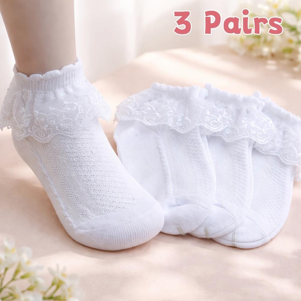 3 Pairs Cute Girls' Lace Socks, Princess Ruffle Short Socks, Soft Breathable Toddler Socks, Fashion Kids Gift for All Seasons
