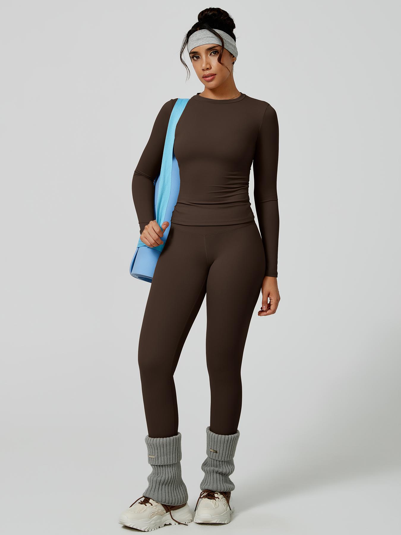 Two-Piece Set Women's Patchwork High Elastic Soft Round Neck Flat Shoulder Long Sleeve Slim Fit Beautiful Hip Tight Pants Yoga Clothes suit Workout Running Clothes Four Seasons Outdoor Running Cycling Hiking Walking Shopping Fashion suit Gym