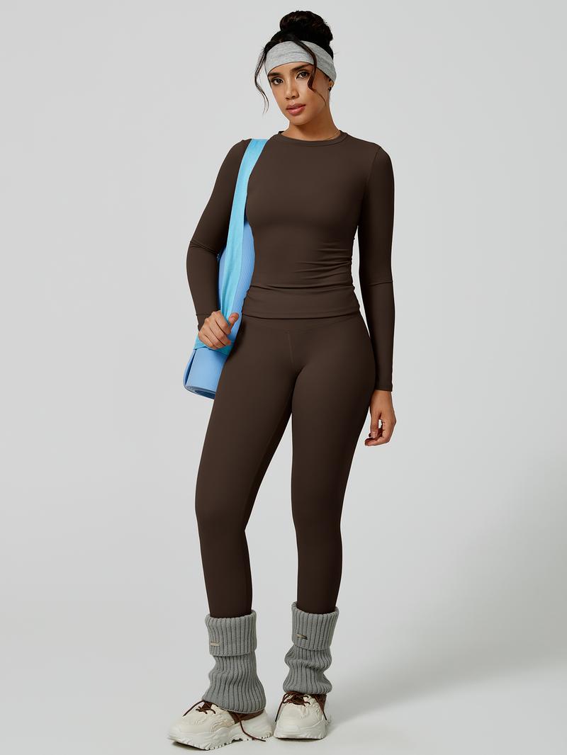 Two-Piece Set Women's Patchwork High Elastic Soft Round Neck Flat Shoulder Long Sleeve Slim Fit Beautiful Hip Tight Pants Yoga Clothes suit Four Seasons Outdoor Running Cycling Hiking Walking Shopping Fashion suit Gym Sporty High Stretch